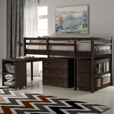 Twin Size Loft Bed with Cabinet and Rolling Portable Desk