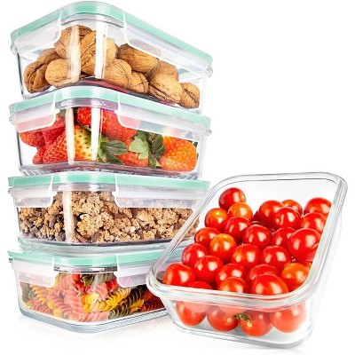 NutriChef 10-Piece Superior Glass Food Storage Containers Set - Stackable, Newly BPA-free Airtight Clear Locking lids with Vent  & Green Air Hole