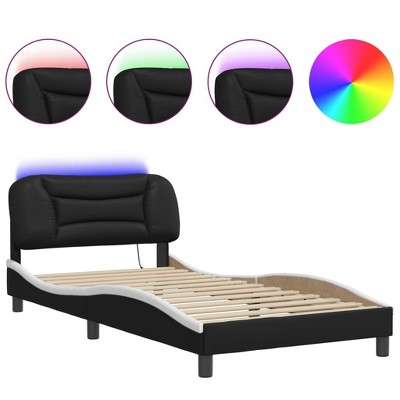 vidaXL Twin Size Bed Frame with LED Lights - Faux Leather Upholstered, Black and White, Metal/Pine Wood, Stylish Wave Design, LED Strip Included