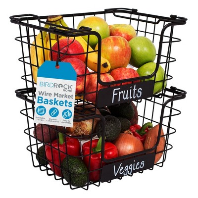 BirdRock Home Stacking Wire Market Baskets with Chalk Label - Set of 2 - Black