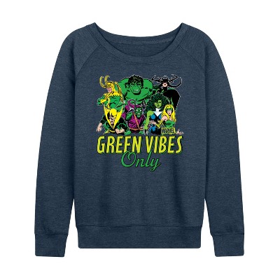 Women's - Marvel - St. Patrick's Day Green Vibes Only Lightweight French Terry Wide Neck Long Sleeve Graphic Shirt
