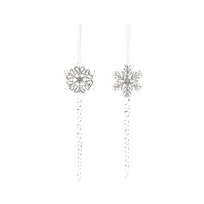 Transpac Glass Tall Skinny Snowflake Ornament Set of 2 for Christmas Tree Home Decorations