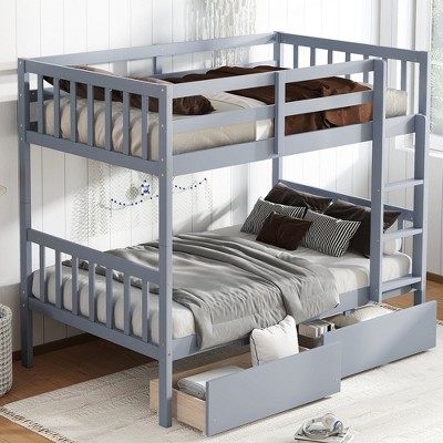 Twin Over Twin Bunk Bed with 2 Drawers, Convertible into 2 Twin Beds, Rubber Wood Bed Frame with Ladder and Safety Guardrails - ModernLuxe
