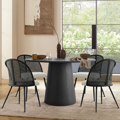 5-piece Dining Set for 4, 46" Round Dining Table Set with 4 Boucle Fabric and Rattan Backrest Chair, Dining Room Furniture - Maison Boucle