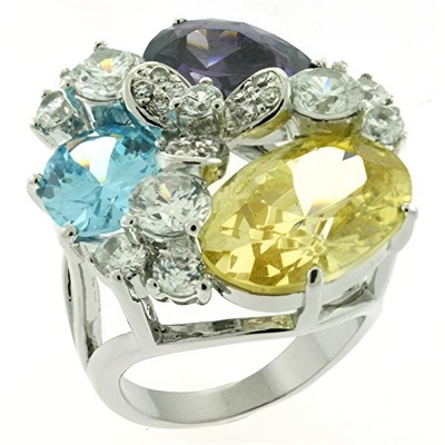 Slickblue Women's Rhodium Brass Ring with Multi-Color CZ - Oval & Round Stones, Fashion Jewelry, Size 5-9