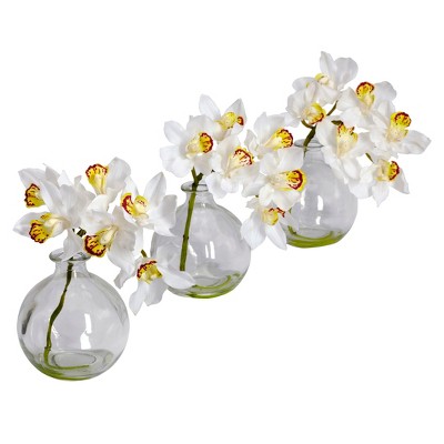 Nearly Natural Cymbidium with Vase Artificial Flower Arrangement (Set of 3)