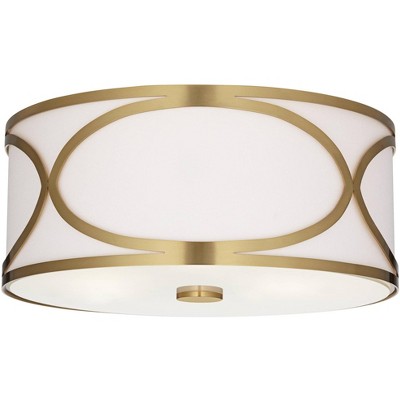 Possini Euro Design Whinn 15" Modern Flush-Mount Ceiling Light Fixture Kitchen Foyer Hallway Drum Round Warm Brass Finish Metal Bedroom Bathroom