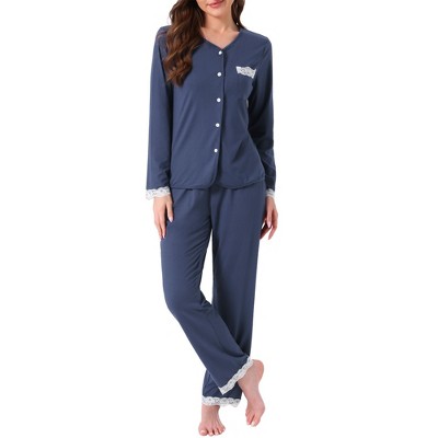 INSPIRE CHIC Women's Pajama Sets Lace Trim Long Sleeve Button Down Sleepwear Elastic Waist Lounge Pant Set with Pockets
