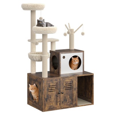 Litter Box Enclosure with Cat Tree Tower and Condo,Hidden Pet Washroom Furniture with Sisal Scratching Post