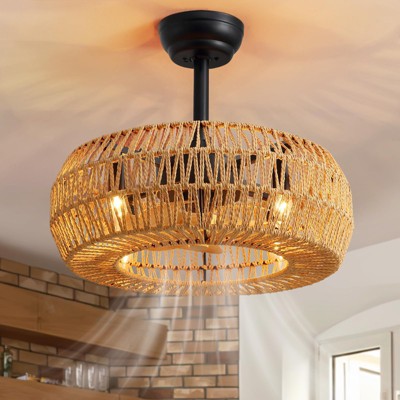 Ludomide 20" Farmhouse Caged Ceiling Fan with Lights and Remote, Low Profile Bladeless Boho Fandelier for Kitchen, Bedroom, Dining Room