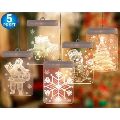 5 Star Super Deals 5pc - 3D Hanging LED Christmas Window Curtain Lights - Holiday Decoration Santa, Snowflake, Jingle Bell, Snowman & Christmas Tree