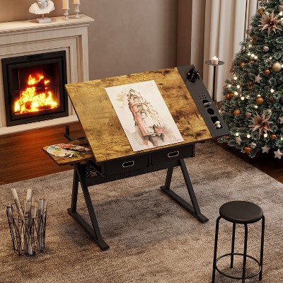 PAGED Writing Desk with 2 Drawers, Adjustable Drawing Drafting Desk with Tiltable Tabletop for Study, Home Office