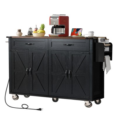TiramisuBest 53.7in Farmhouse Kitchen Island with Power Outlet, 2 Sliding Barn Door Kitchen Storage Island with Drop Leaf, Spice Rack Rol