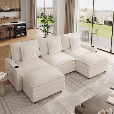108" Modular Sectional Sofa, U-Shaped Chenille Deep Seat Couch with Storage Armrest, Built-In USB Charging Ports, Movable Ottoman & Cup Holder, Beige