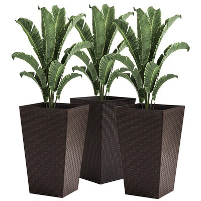 SEVOBAL Planters 3 Tall Rattan Planters with Drainage Holes Set of Outdoor Indoor Flower Pots, Brown, 14.25"*14.25"*24"