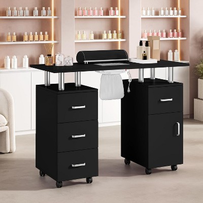 Manicure Table Nail Desk, with Dust Collector, Wrist Cushion, Nail Desk Salon Station w/Storage Cabinet, 4 Drawers and and Lockable Wheels