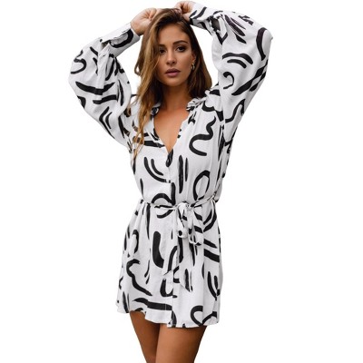 Womens Striped Shirt Mini Dress Long Sleeve Collared Ruffle Hem Button Up Tunic Dresses