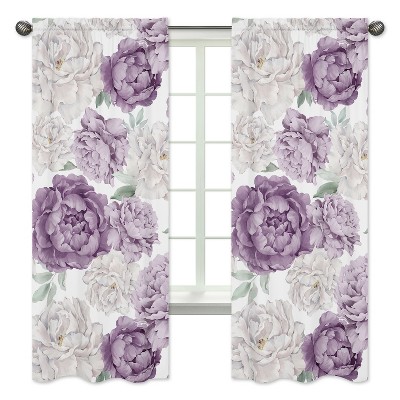 Sweet Jojo Designs Girl Window Curtain Panels 84in. Peony Floral Garden Purple Ivory and Green