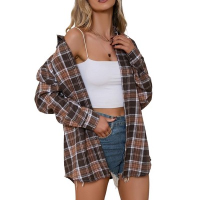Whizmax Womens Spring Fashion 2023 Plaid Flannel Jacket Casual Long Sleeve Button Collared Neck Oversized Shirts Khaki S