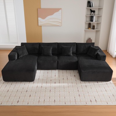 137" 4 Piece U Shaped Sectional Sofa Couch with 4 Seat Ind. 2 Chaise, Corduroy Fabric Boneless Modular Sofa with Pillows, No Assembly Required