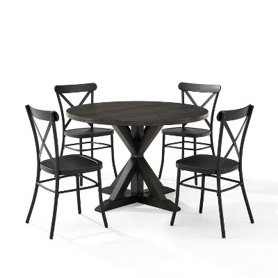 5pc Hayden Round Dining Set with Camille Chairs Matte Black/Slate - Crosley: Rubberwood Frame, Non-Extension Table, Farmhouse Style