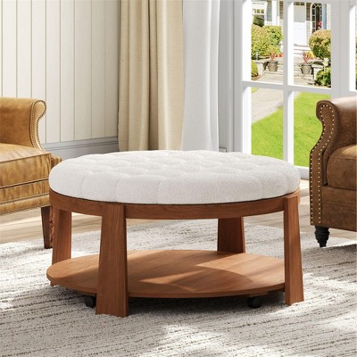 Okak Large Round Ottoman Coffee Table 2-Tier Button Tufted Upholstered Coffee Table with Shelf Storage for Living Room/Office, Space-Saving
