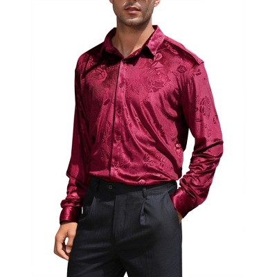 YESFASHION Men's Christmas Rose Print Long Sleeve Button Down Shirt Dress Wedding Party Shirt