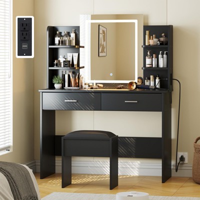 Vanity Desk with Mirror and Lights, Makeup Vanity Set w/Desk and Stool, Power Outlet, Vanity Table w/6 Storage Shelves