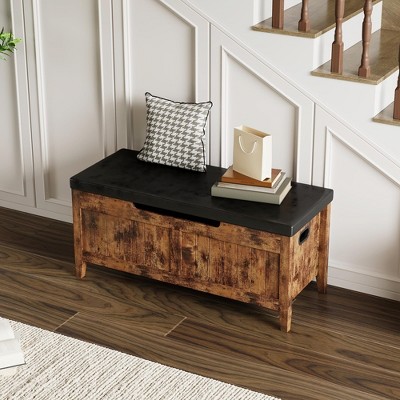 TROPOW Storage Chest, Storage Trunk with Cushion Seat, 2 Safety Hinges, Storage Bench, Wooden Storage Organizer, Shoe Bench  Easy Assembly
