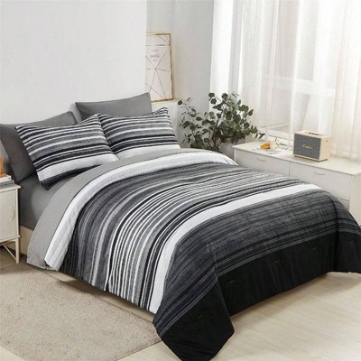 7-Piece Full Stripe Bed-in-a-Bag - White/Grey/Black Patchwork Comforter & Sheet Set, All-Season Soft Microfiber (Grey)