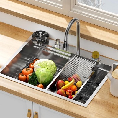Whizmax Kitchen Sink, 30 Inch Brushed Nickel Waterfall Kitchen Sink Set, 304 Stainless Steel Single Bowl Family and Bar Sinks 30 * 22 Inch