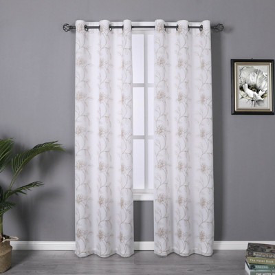 Kate Aurora Floral Embroidered Double Layered Sheer Grommet Curtains