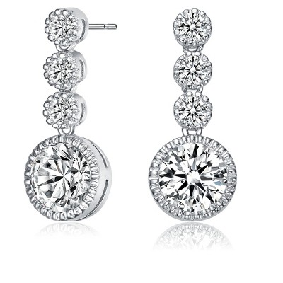 Guili Tiered Shine Sterling Silver with Rhodium Plated Clear Round Cubic Zirconia Bezel Set Three Tier Drop Earrings for a Stunning and Elegant Look