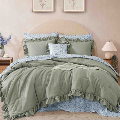 BAGOKIE 7 Pieces Floral Ruffle Bed in a Bag Comforter Set
