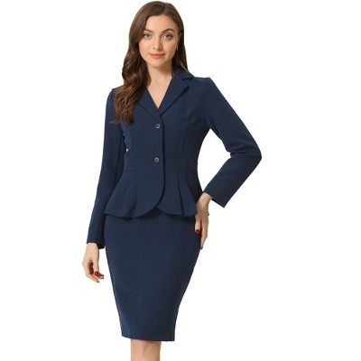INSPIRE CHIC Women's Business Long Sleeve Notched Lapel Peplum Blazer Pencil Skirt Suit Set 2 Pcs