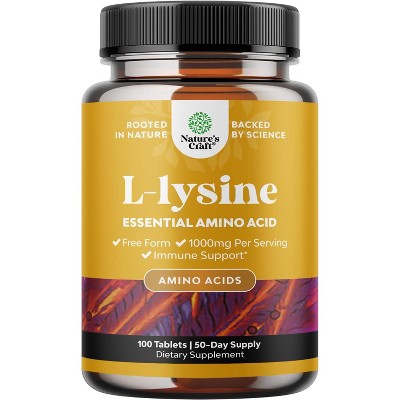 Lysine Tablets, High Strength L-Lysine Supplement for Eye Health Lip Care Collagen Synthesis and Immune Support, Nature's Craft, 100ct