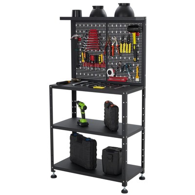 32" Heavy-Duty Steel Workbench with Hooks & 2-Tier Shelves – 460 lbs Capacity Metal Tool Organizer for Garage, Workshop & DIY Projects
