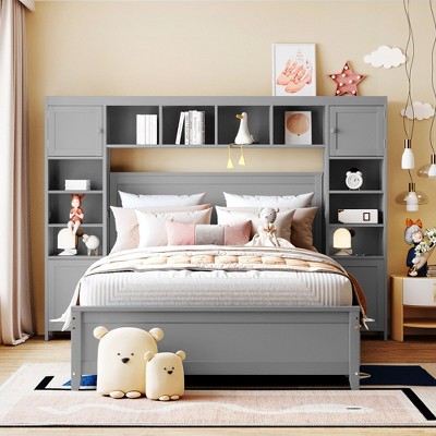 PAGED Modern Wooden Storage Bed, Full Size Bed Frame with Drawers, Shelves and Cabinets, Platform Bed for Bedroom