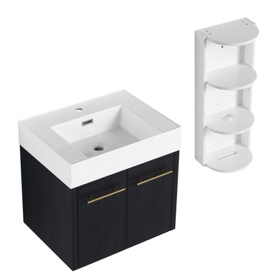 ChicFurnit Bathroom Vanity 24 Inch Wall Mounted Vanity with Resin Sink and Storage Rack for Bathroom, Black, 23.6"*18.1"*22.4"