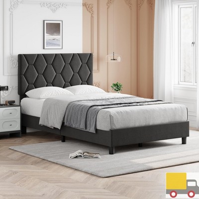 Jojoka Upholstered Platform Bed Frame with Adjustable Headboard, Diamond Pattern, Wood Slats, Noise-Free, No Box Spring Needed