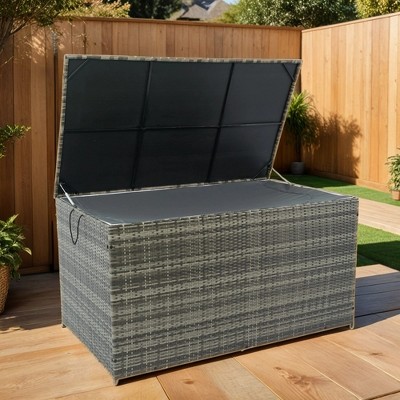 YOOCOZZ 200-Gallon Outdoor Wicker Rattan Deck Box with Large Storage Space, Lid and Removable Liner - Grey
