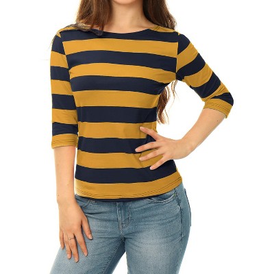 INSPIRE CHIC Women's Stripes Casual Basic Elbow Sleeves Boat Neck Slim Fit T-Shirts