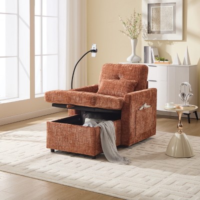 Multifunctional lazy person sofa, recliner can be stored storage backrest with cell phone bracket chenille single leisure chair