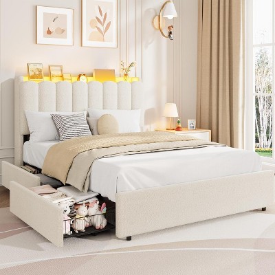 GAOMON Bed Frame with Storage Headboard, Kids Bed Frame with 2 Drawers, Boucle Upholstered Platform Bed for Girls