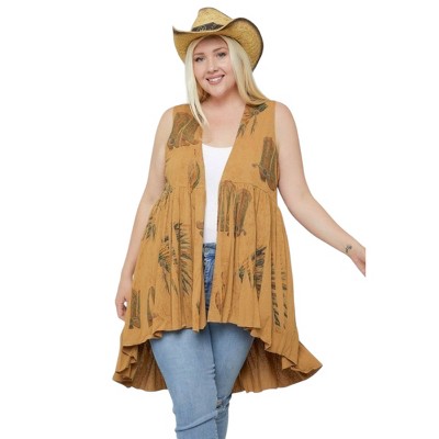 Slickblue Women's Cardigan, Sleeveless & Pleated Hemline, Long Fit Layer, Tan Leopard/Floral/Feather, 1XL-3XL