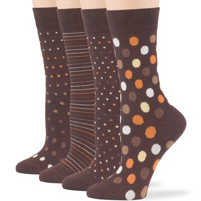 Women Cotton Calf Patterned Socks - 4 Pack - Striped, Dot, Geometric - M/L - Black, Brown, Navy | 7BIGSTARS KINGDOM