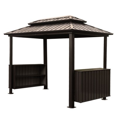 PAGED Aluminum BBQ Outdoor Gazebo Metal Frame with Shelves Serving Tables, Permanent Double Roof Hard top Gazebos