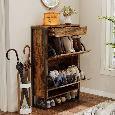 KTMBDW Rustic Shoe Cabinet with Flip Drawers, Narrow Shoe Cabinet with Metal Legs & Handles for Entryway, Hallway, Organizer