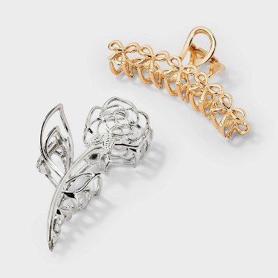 Bow and Rose Claw Hair Clip Set 2pc - Wild Fable™ Gold/Silver