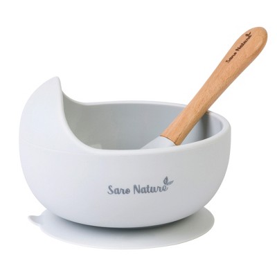 SARO "Nordic Wave" Silicone Baby Feeding Set: Suction Bowl & Wooden Spoon for Baby-Led Weaning & Self-Feeding